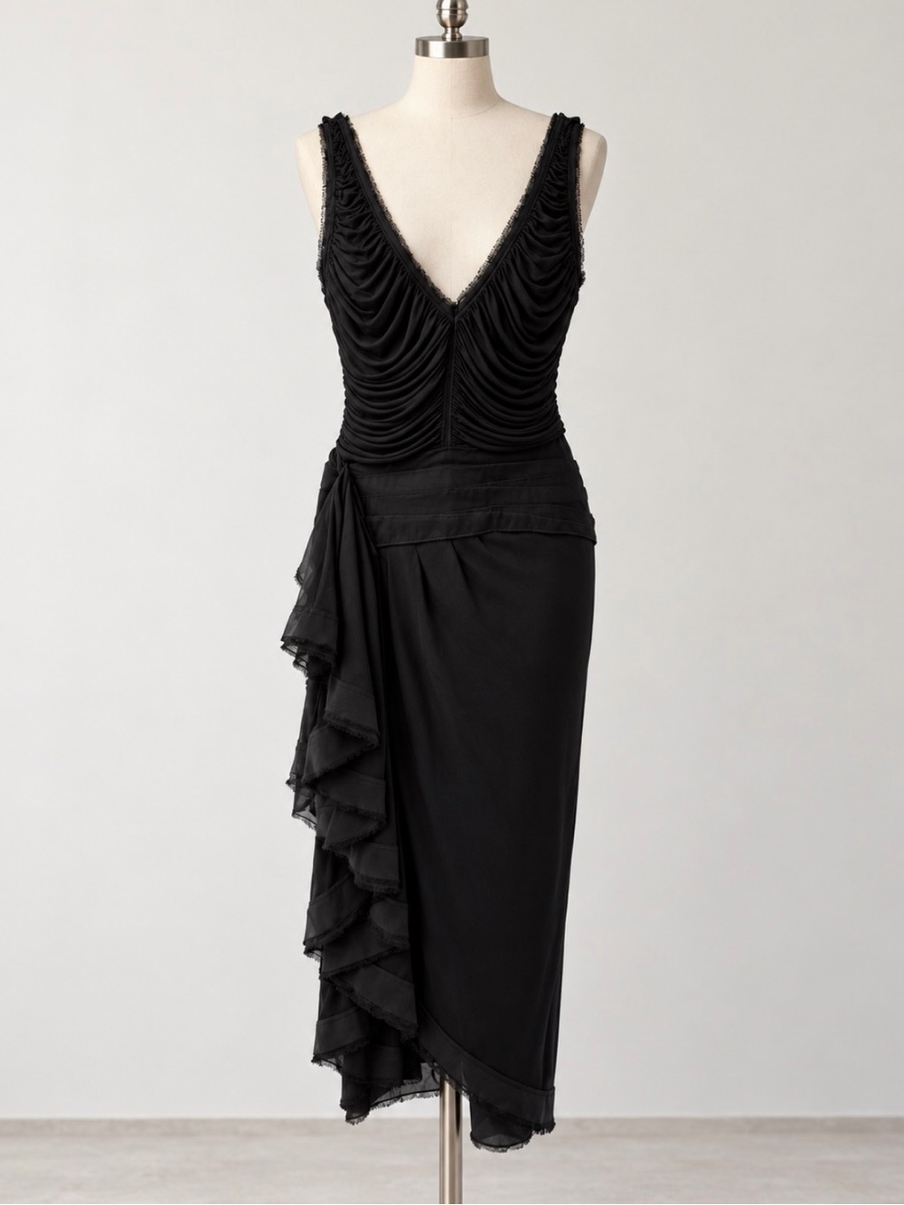 Zac Posen Black Ruched V-Neck Midi Dress with Side Ruffles
